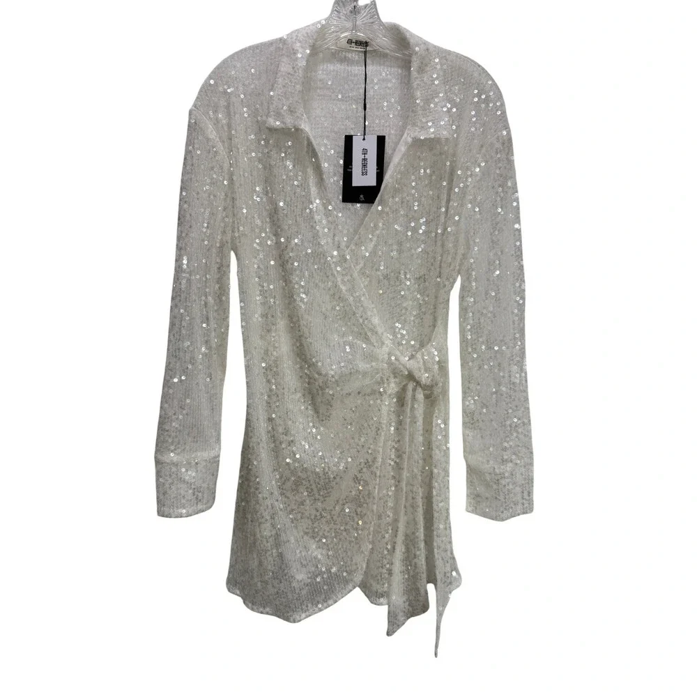4th + Reckless NEW White Sequin Wrap Mini Dress Bridal Party READ!!!‎ Size M